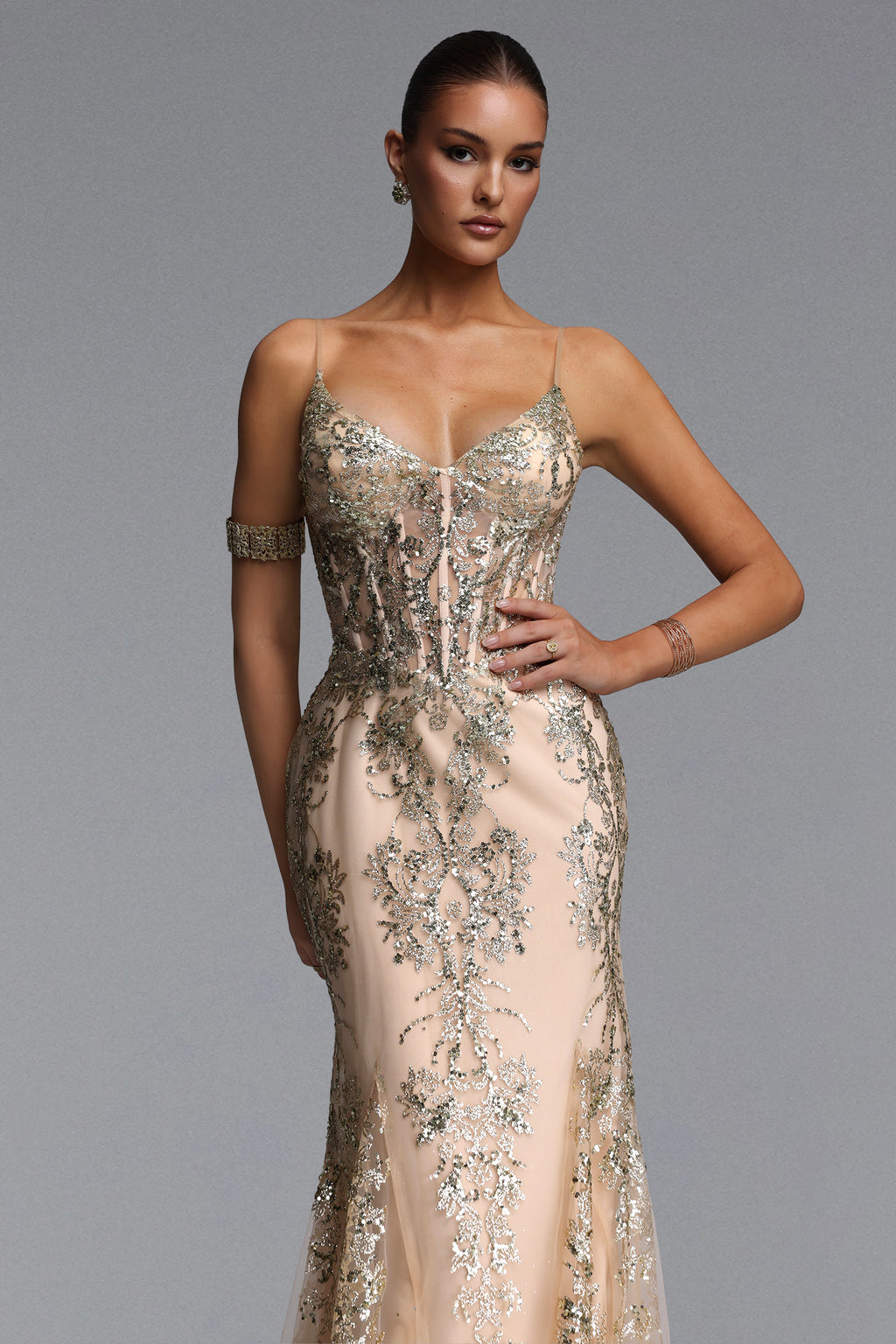 Miriam Elegant Contour V Neck Sequin Maxi Dress	