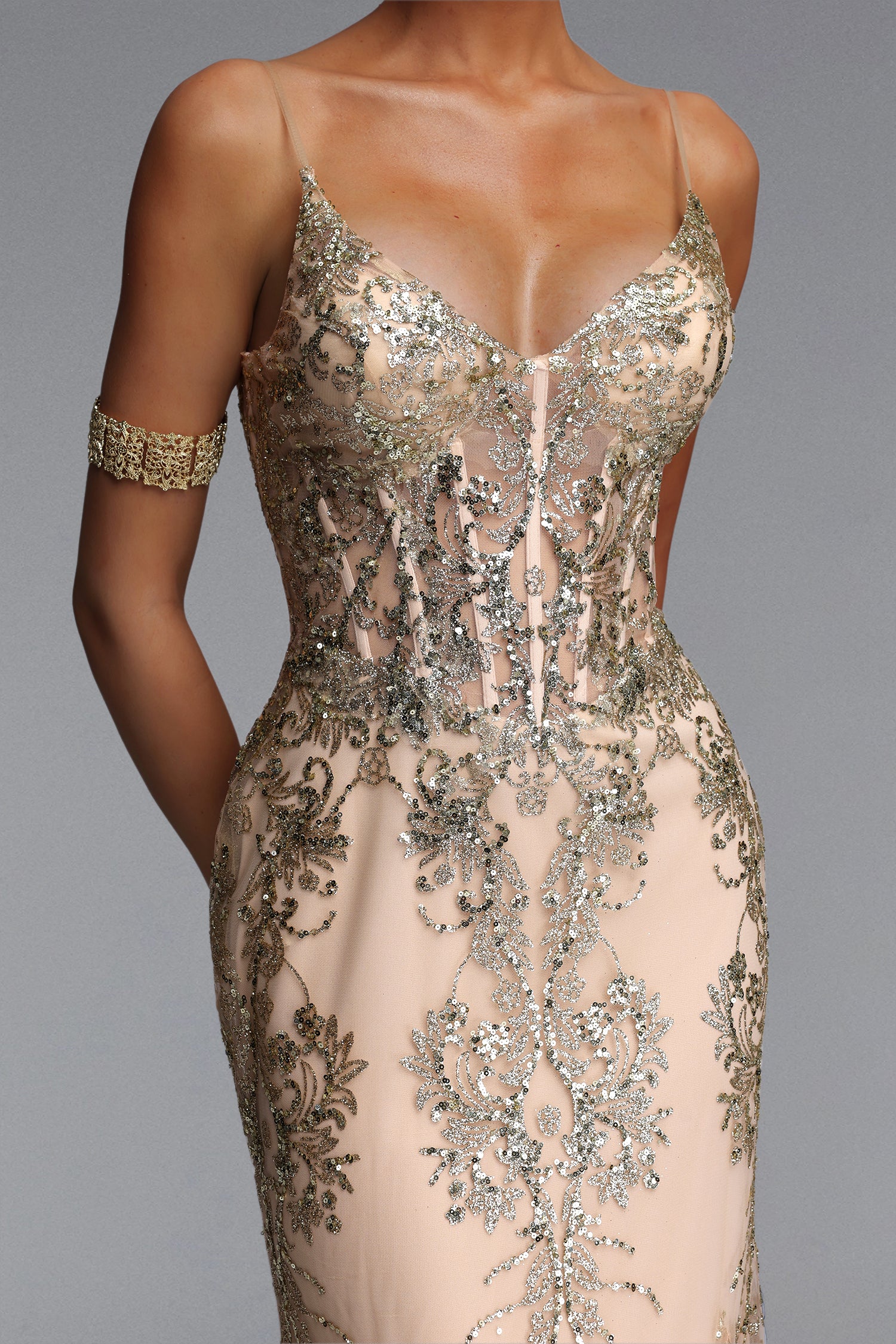 Miriam Elegant Contour V Neck Sequin Maxi Dress	