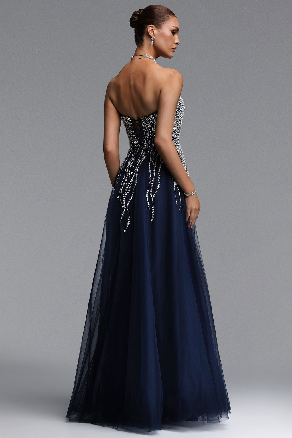 Soloma Glamorous Flowy Strapless Embellished Tulle Maxi Dress	