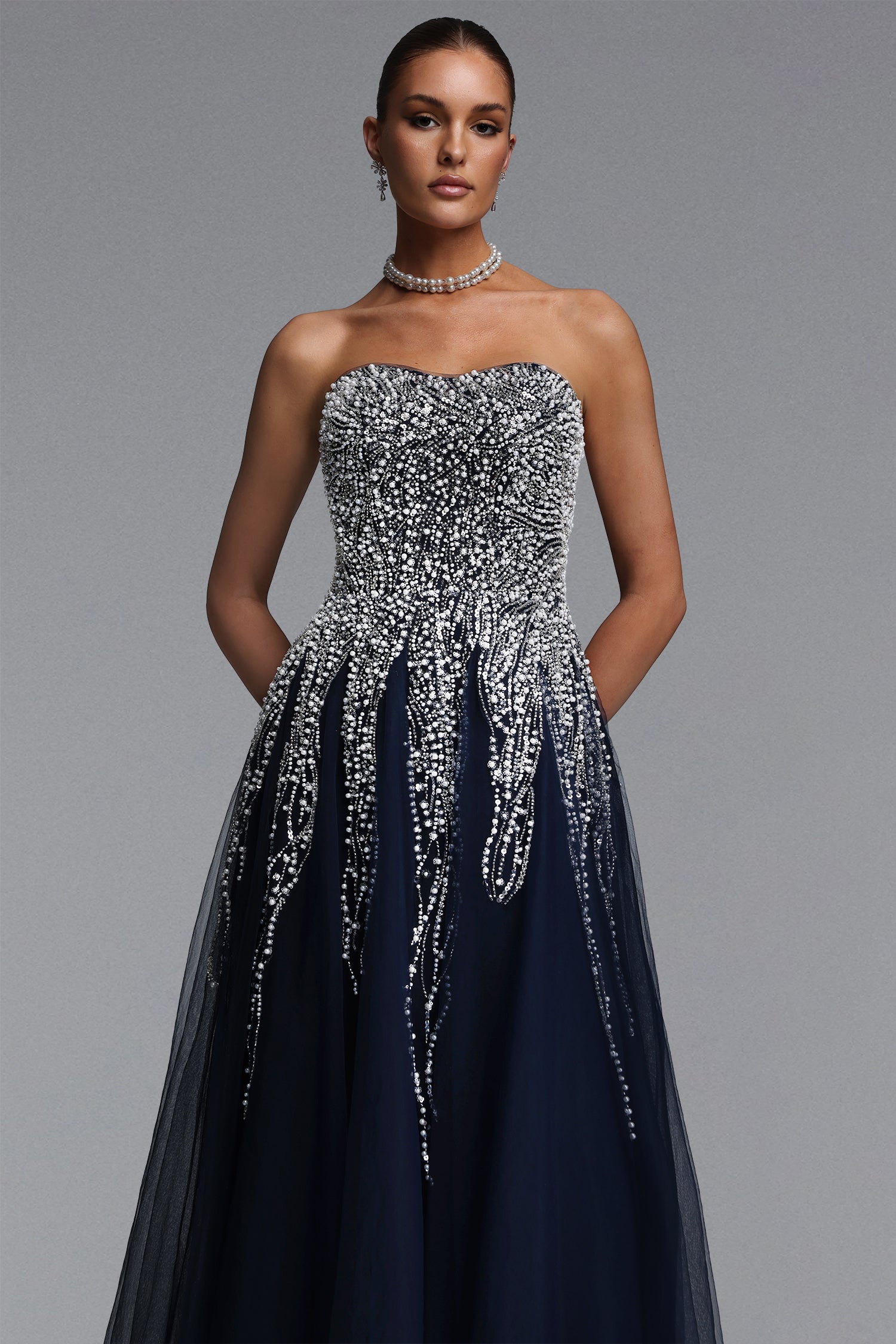 Soloma Glamorous Flowy Strapless Embellished Tulle Maxi Dress	