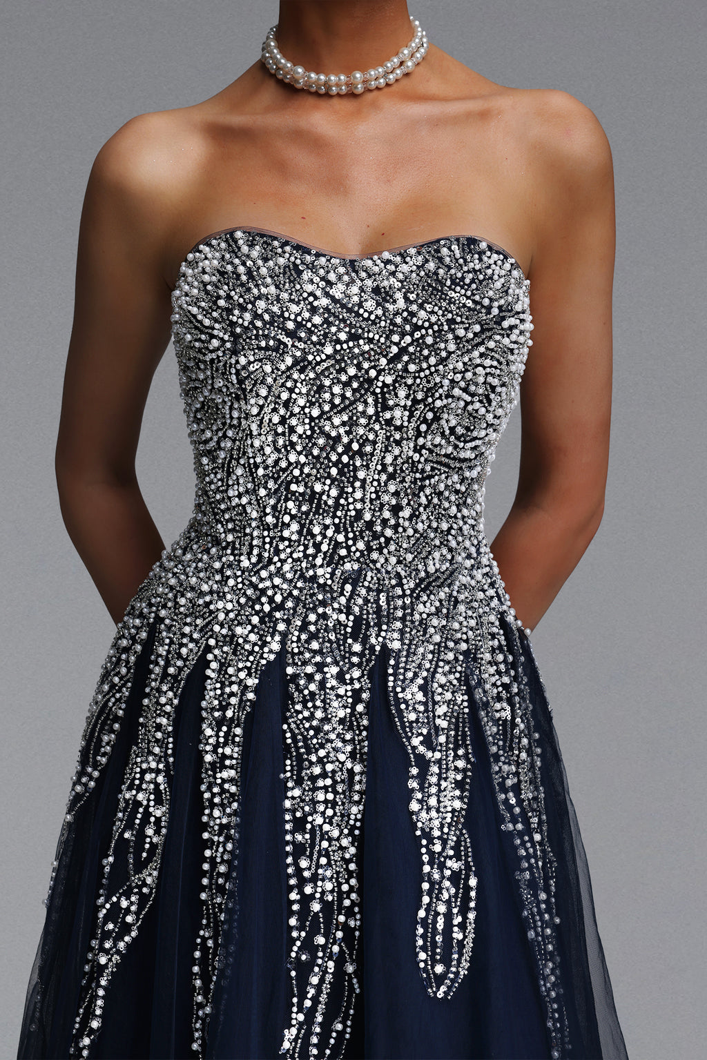 Soloma Glamorous Flowy Strapless Embellished Tulle Maxi Dress	