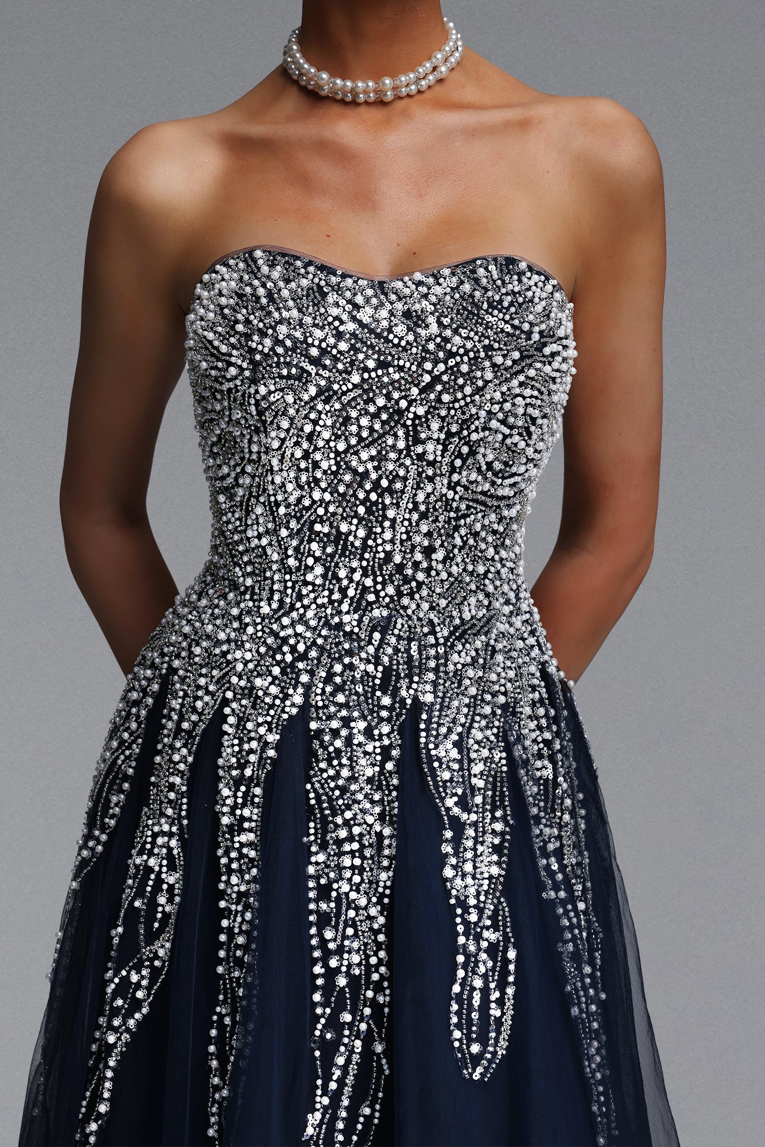 Soloma Glamorous Flowy Strapless Embellished Tulle Maxi Dress	