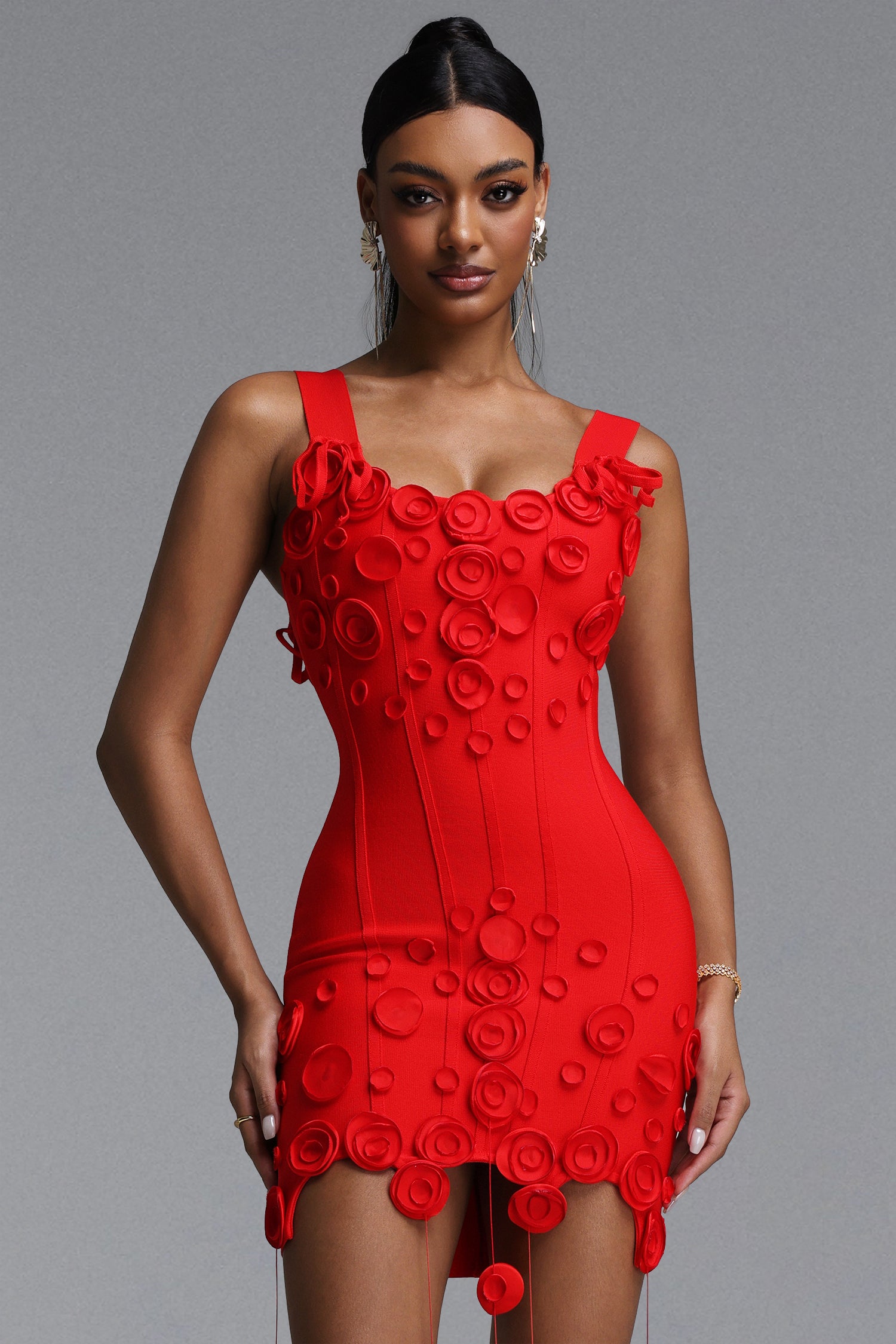 Jacova Chic Contour Wide Strap Floral Tassel Bodycon Bandage Mini Dress	