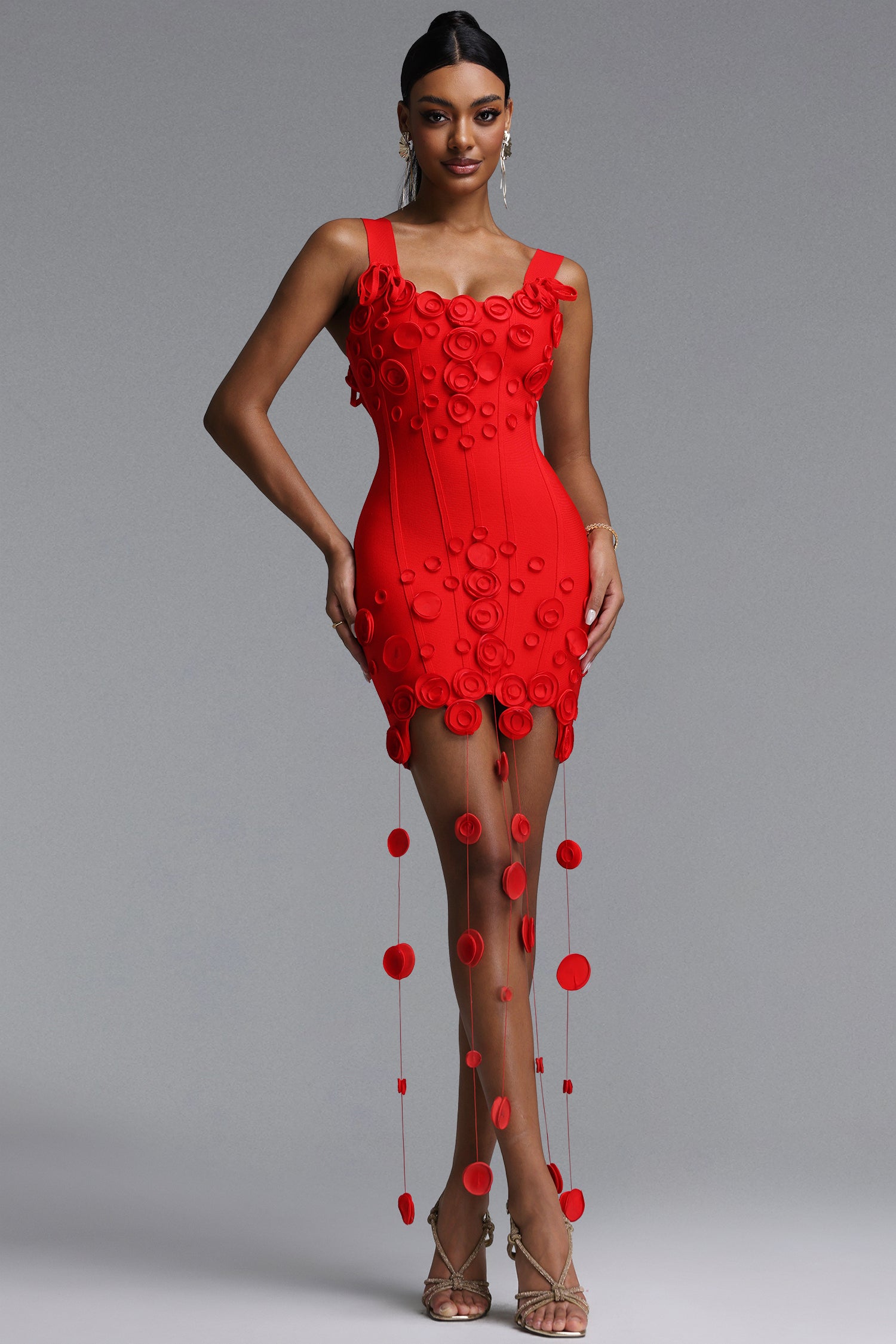 Jacova Chic Contour Wide Strap Floral Tassel Bodycon Bandage Mini Dress	