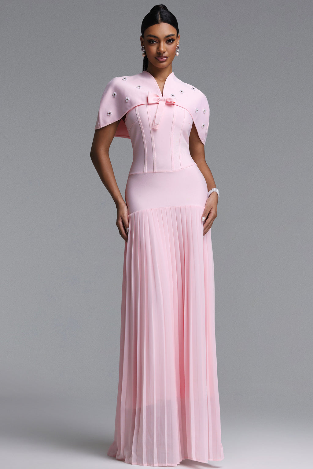 Devere Elegant Sophisticated Cape Style Pleated Bandge Maxi Dress	