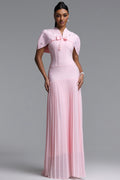 Devere Elegant Sophisticated Cape Style Pleated Bandge Maxi Dress	