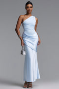 Ogani Elegant Contour One Shoulder Pleated Satin Maxi Dress	