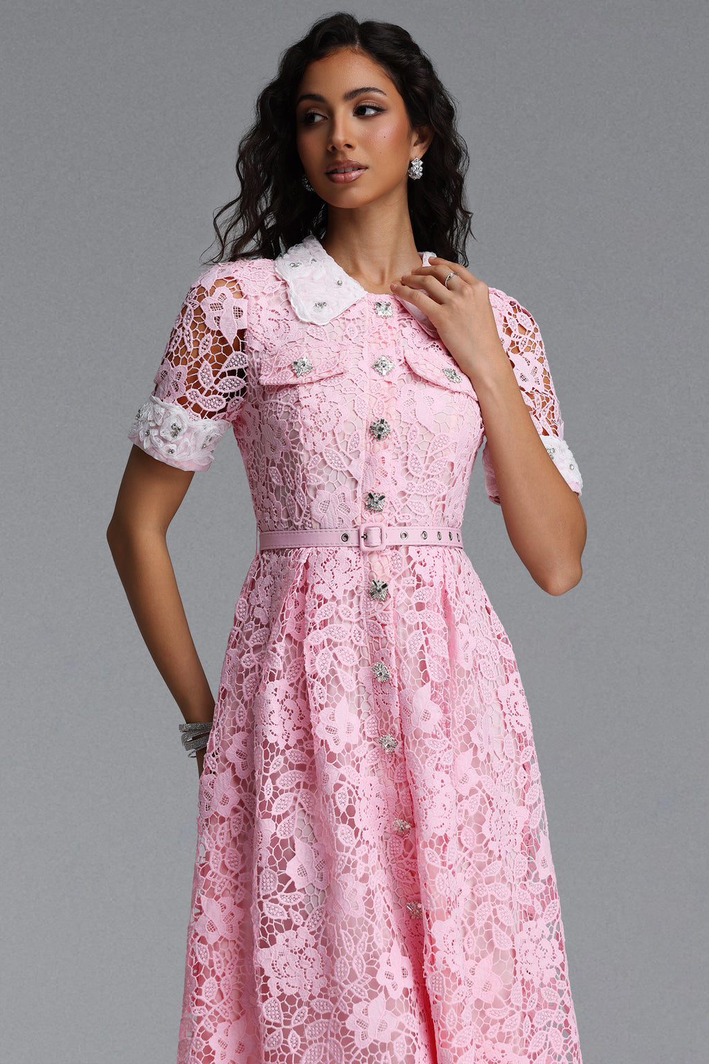 Sagona Classic Tailored Short Sleeve Rhinestone Floral Lace Maxi Dress	