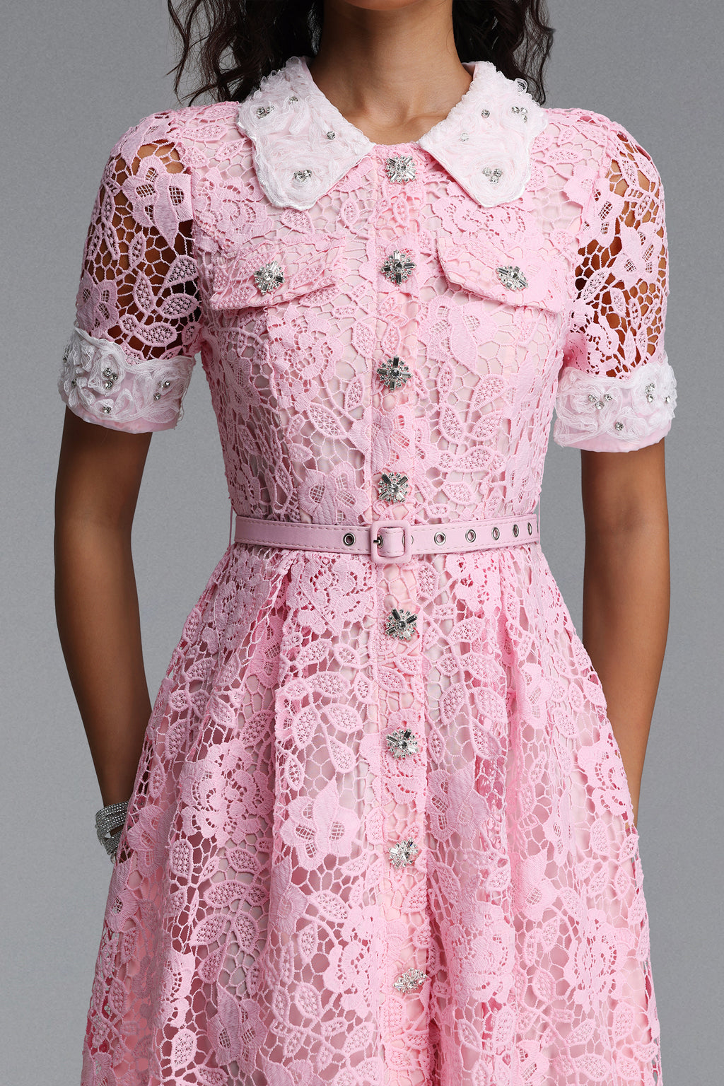 Sagona Classic Tailored Short Sleeve Rhinestone Floral Lace Maxi Dress	