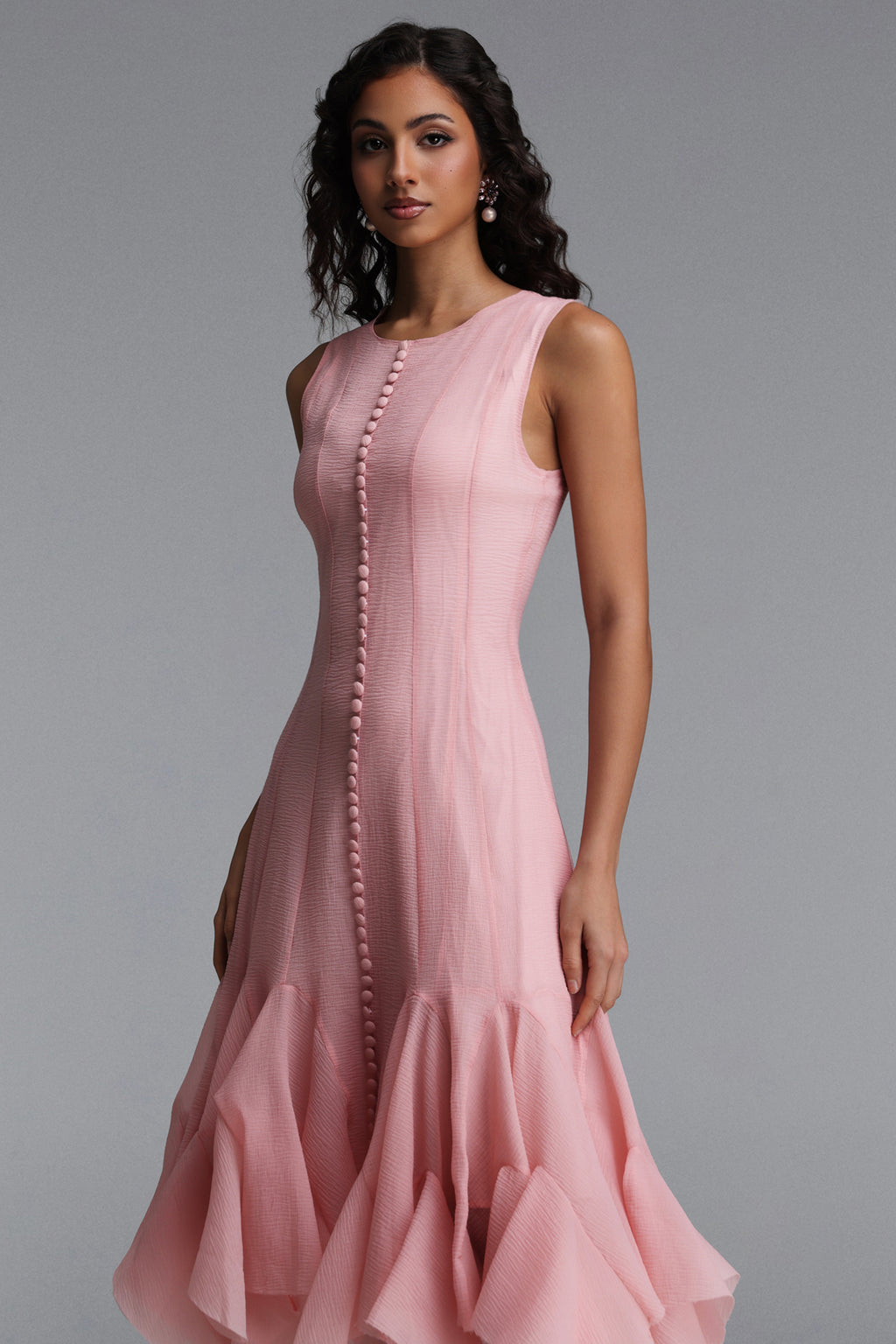 Ethel Resort Flowy Round Neck Sleeveless Ruffle Chiffon Maxi Dress	