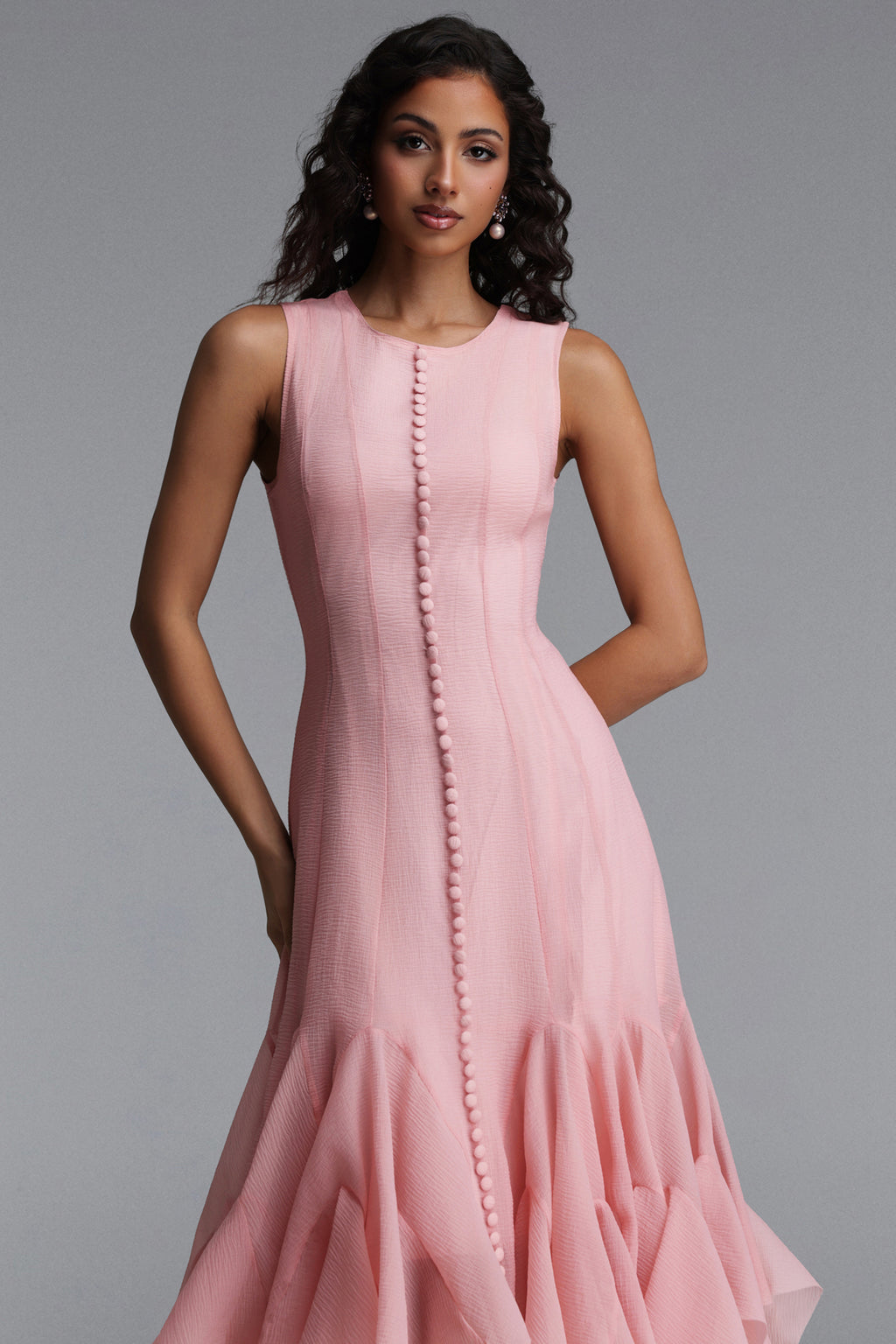Ethel Resort Flowy Round Neck Sleeveless Ruffle Chiffon Maxi Dress	