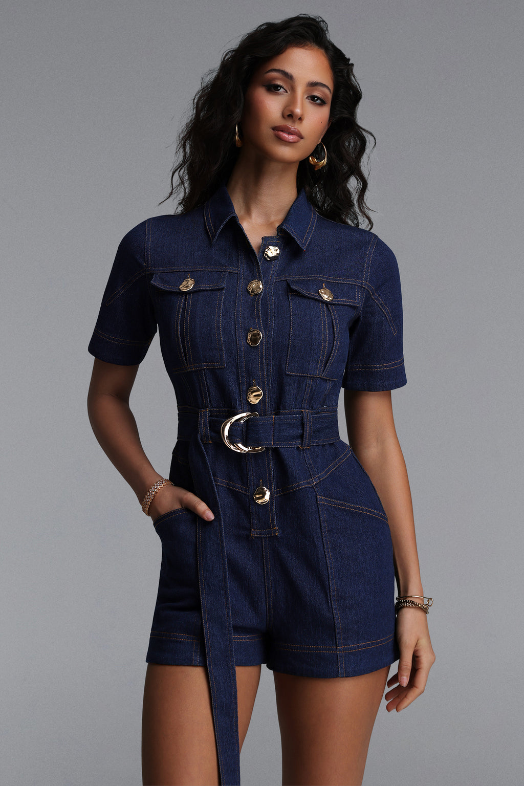 Morwenna Classic Tailored Short Sleeve Denim Mini Jumpsuit	