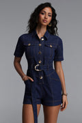 Morwenna Classic Tailored Short Sleeve Denim Mini Jumpsuit	