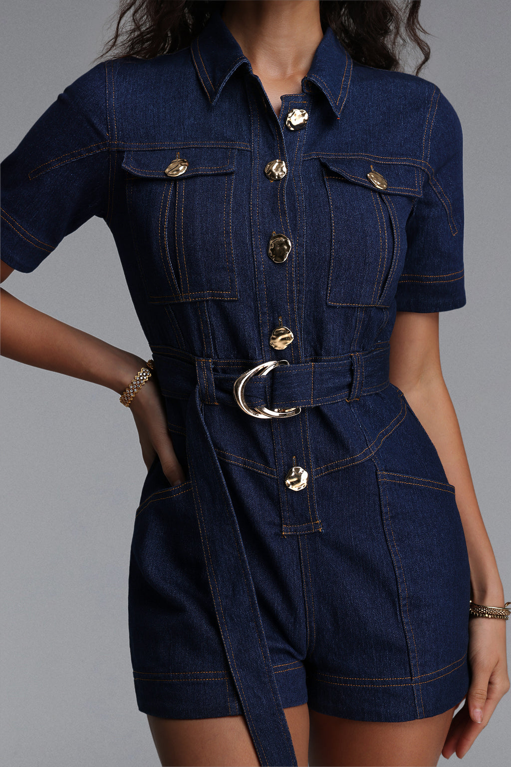 Morwenna Classic Tailored Short Sleeve Denim Mini Jumpsuit	