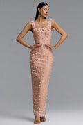 Shea Elegant Contour Square Neck Floral Pearl Bandage Beige Maxi Dress	