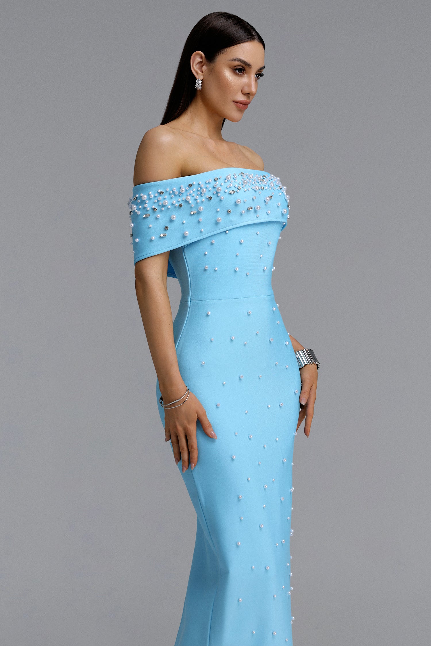 Isme Elegant Contour Off Shoulder Pearl Rhinestone Bandage Blue Maxi Dress	