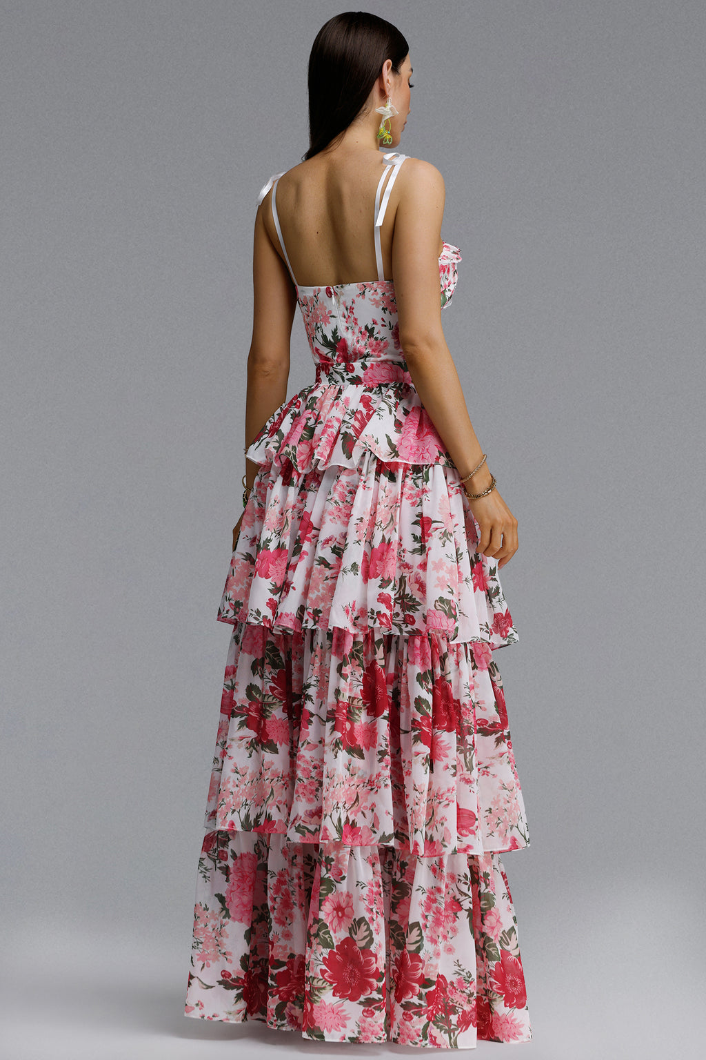 Pale Chic Flowy Halter Cut Out Floral Print Ruffle Pink Maxi Dress	