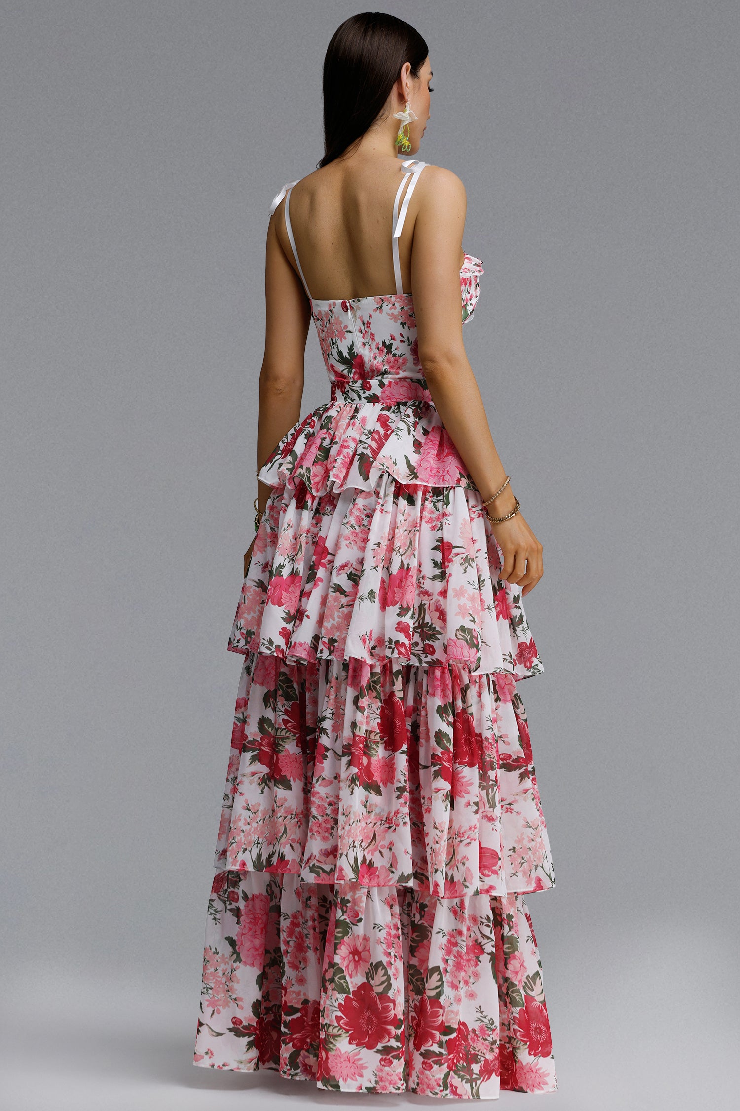 Pale Chic Flowy Halter Cut Out Floral Print Ruffle Pink Maxi Dress	