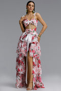 Pale Chic Flowy Halter Cut Out Floral Print Ruffle Pink Maxi Dress	