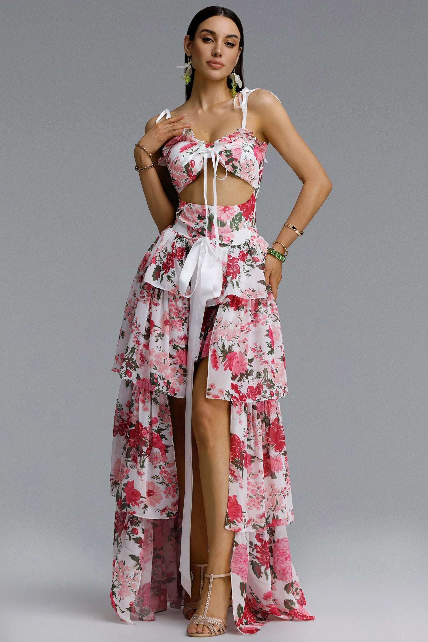 Pale Chic Flowy Halter Cut Out Floral Print Ruffle Pink Maxi Dress	