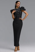 Vazada Elegant Contour High Neck Bow Puff Sleeve Bandage Black Maxi Dress	
