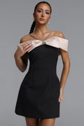 Zore Elegant Tailored Off Shoulder Rhinestone Bow Woven Mini Dress	