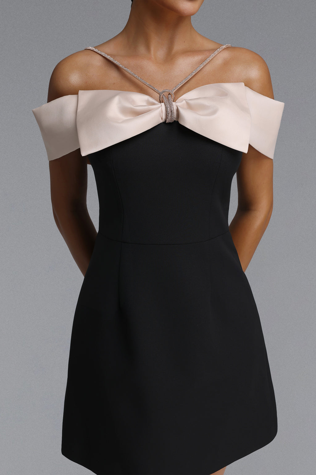 Zore Elegant Tailored Off Shoulder Rhinestone Bow Woven Mini Dress	