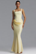 Winey Elegant Waist-Cinching Square Neck Thin Strap Boned Fitted Draped Ruched Satin Mermaid Maxi Evening Dress	