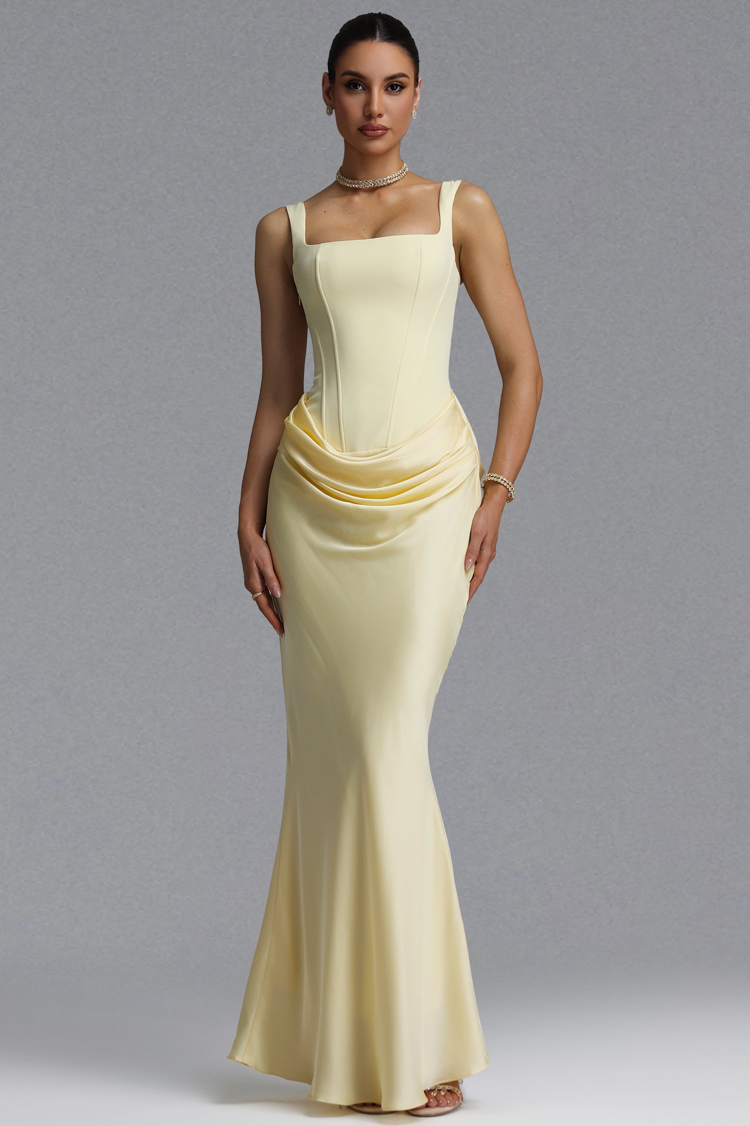 Winey Elegant Waist-Cinching Square Neck Thin Strap Boned Fitted Draped Ruched Satin Mermaid Maxi Evening Dress	