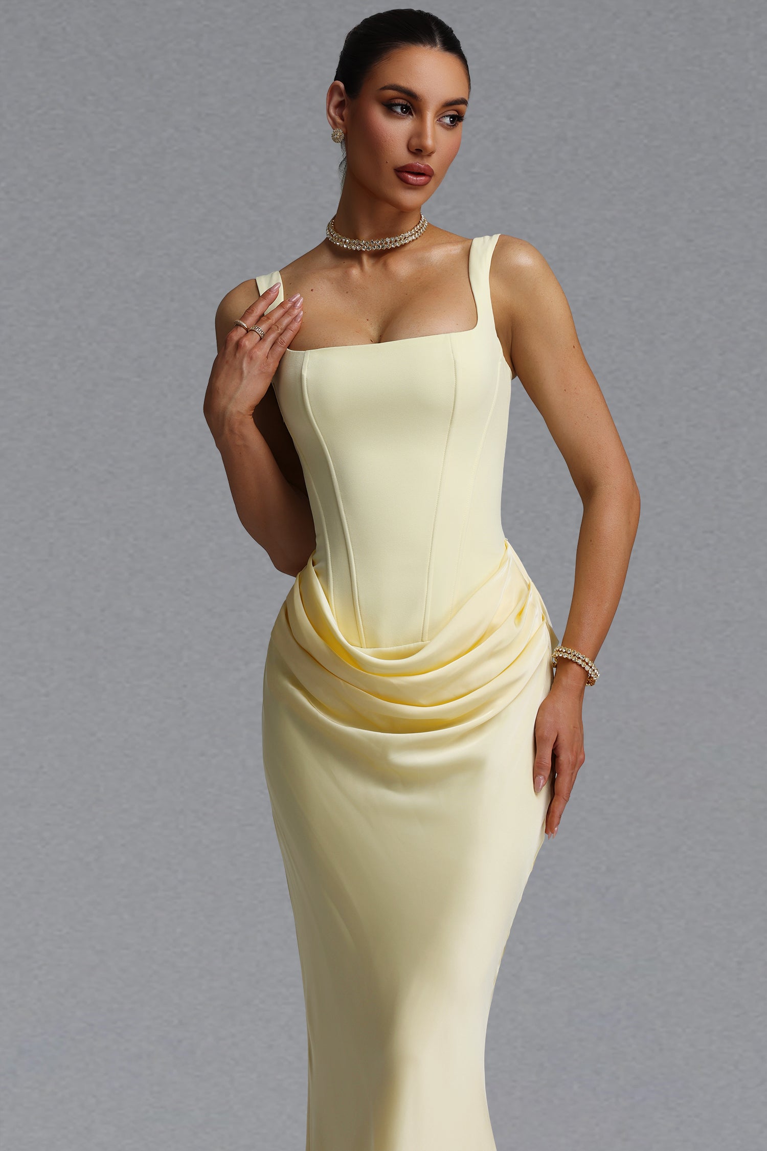 Winey Elegant Waist-Cinching Square Neck Thin Strap Boned Fitted Draped Ruched Satin Mermaid Maxi Evening Dress	