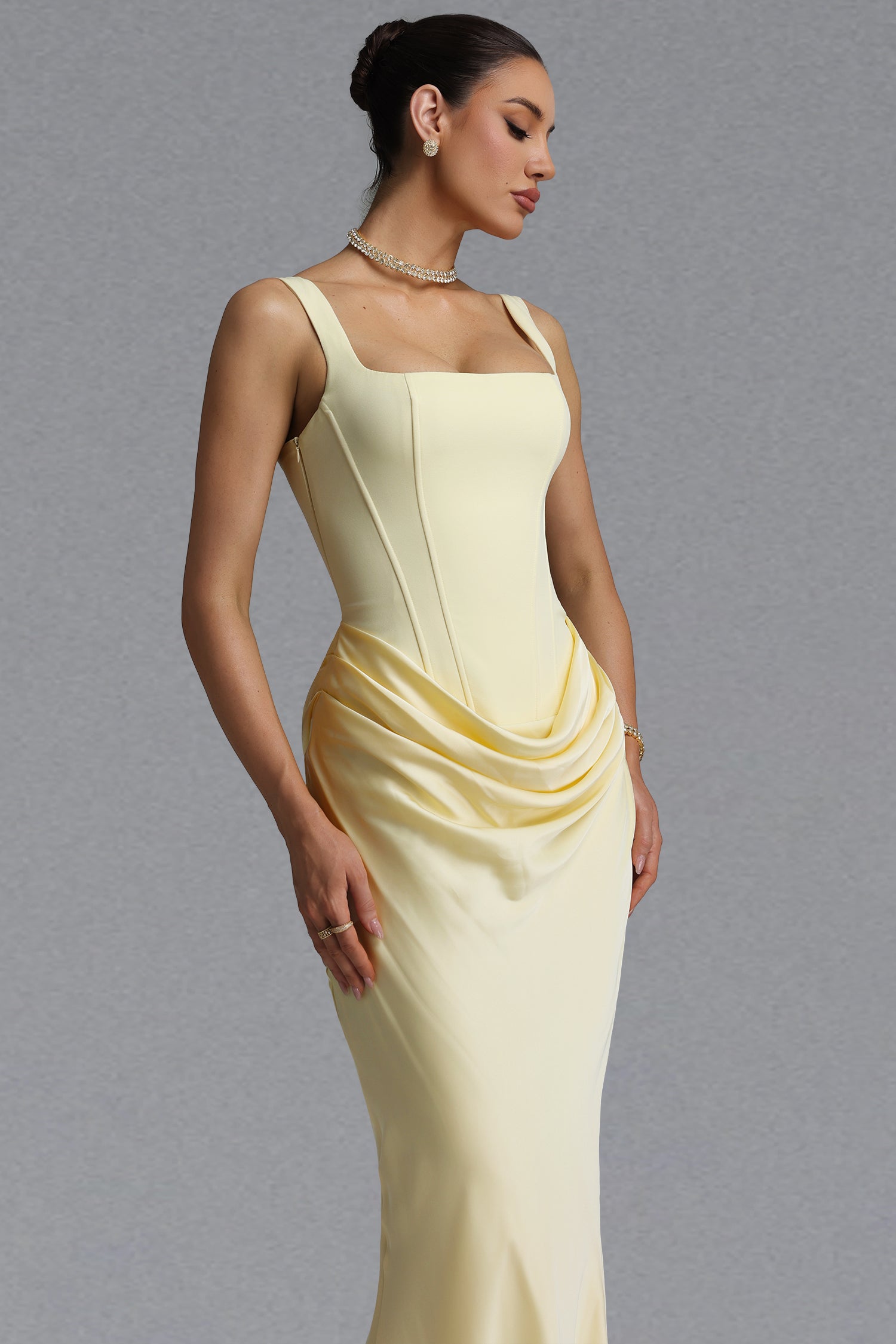 Winey Elegant Waist-Cinching Square Neck Thin Strap Boned Fitted Draped Ruched Satin Mermaid Maxi Evening Dress	