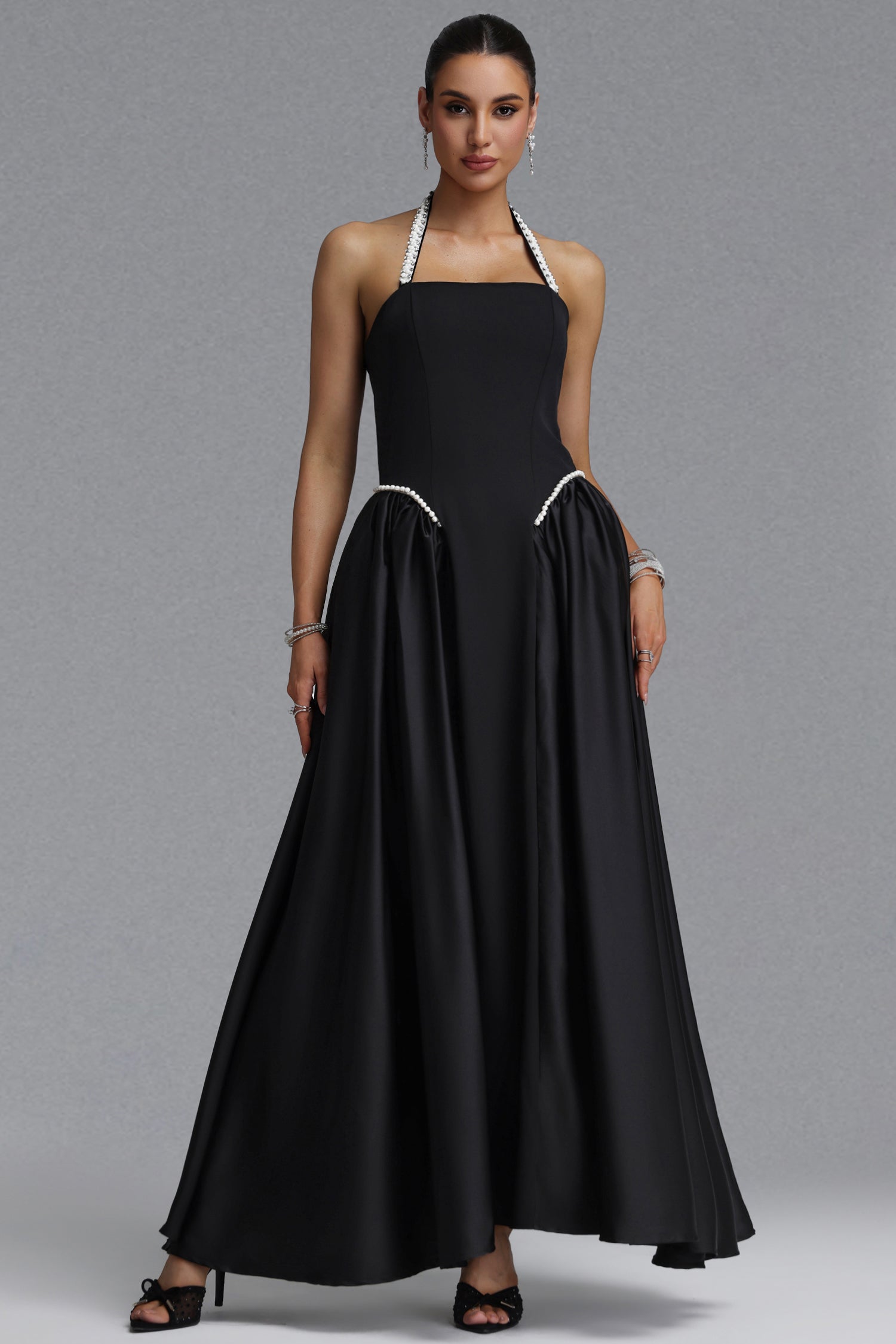 Ilsa Elegant Slim Pearl Halter Gathered Satin Midi Evening Dress	