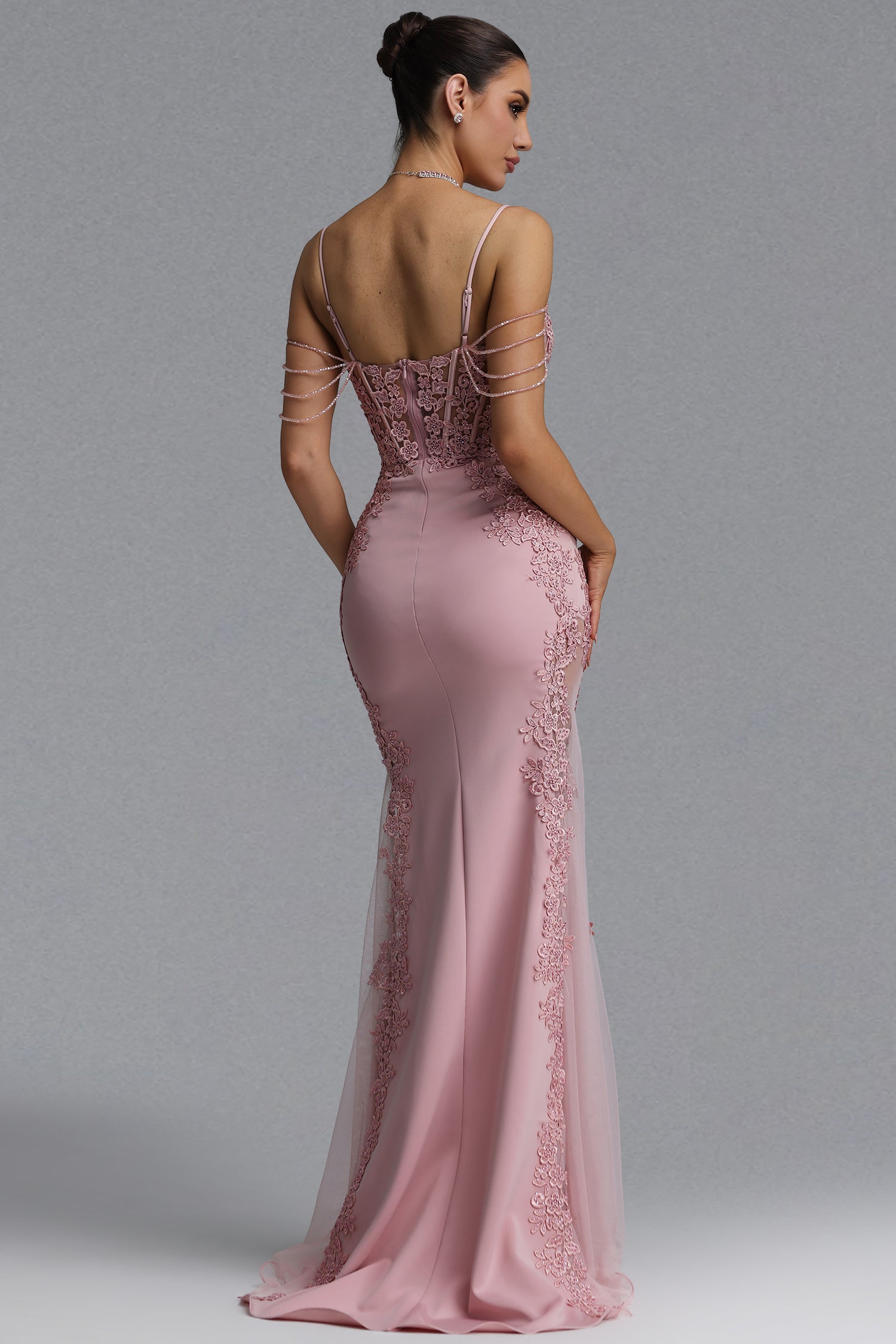 Encho Elegant Waist-Cinching Thin Strap V-Neck Off-Shoulder Tassel Lace Floral Mesh Bodycon Mermaid Maxi Evening Dress	