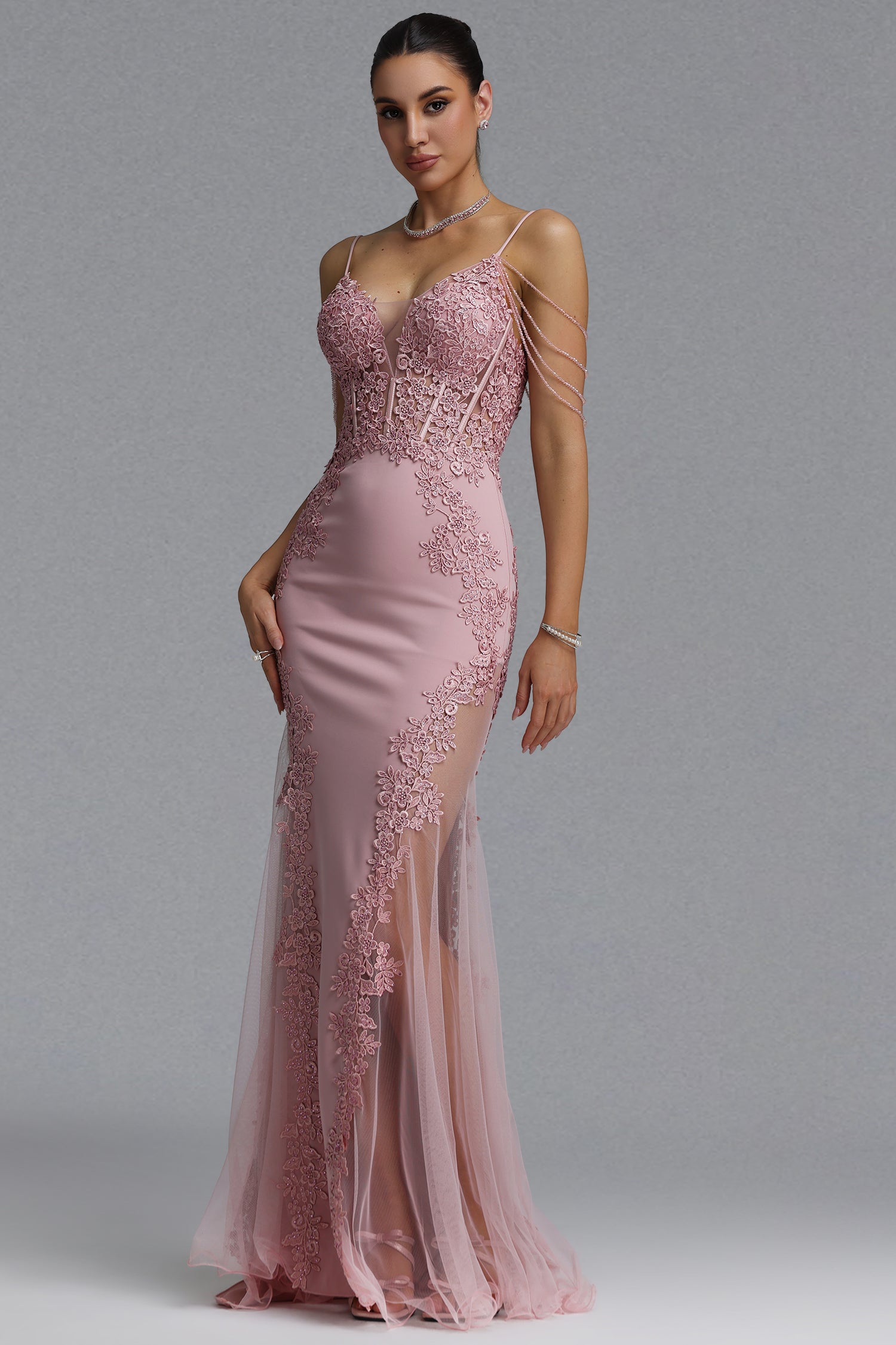 Encho Elegant Waist-Cinching Thin Strap V-Neck Off-Shoulder Tassel Lace Floral Mesh Bodycon Mermaid Maxi Evening Dress	