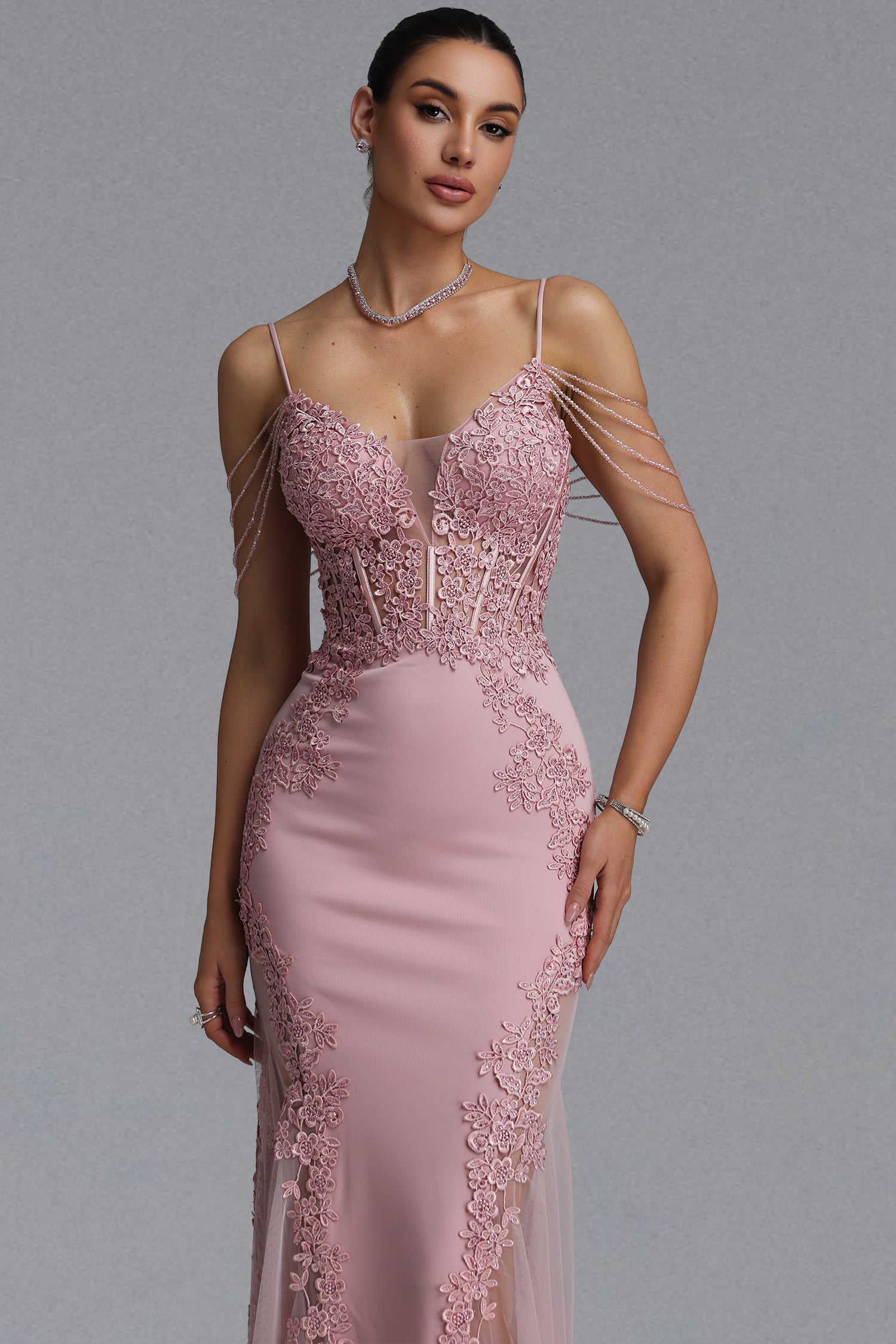 Encho Elegant Waist-Cinching Thin Strap V-Neck Off-Shoulder Tassel Lace Floral Mesh Bodycon Mermaid Maxi Evening Dress	