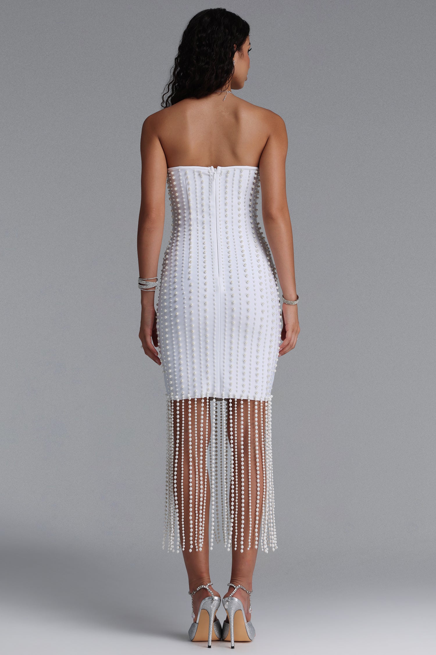Sparkly Luxury Strapless Pearl Fringe Bandage White Midi Dress	