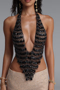 Samantha Edgy Crystal Halter Deep V Body Chain Top	