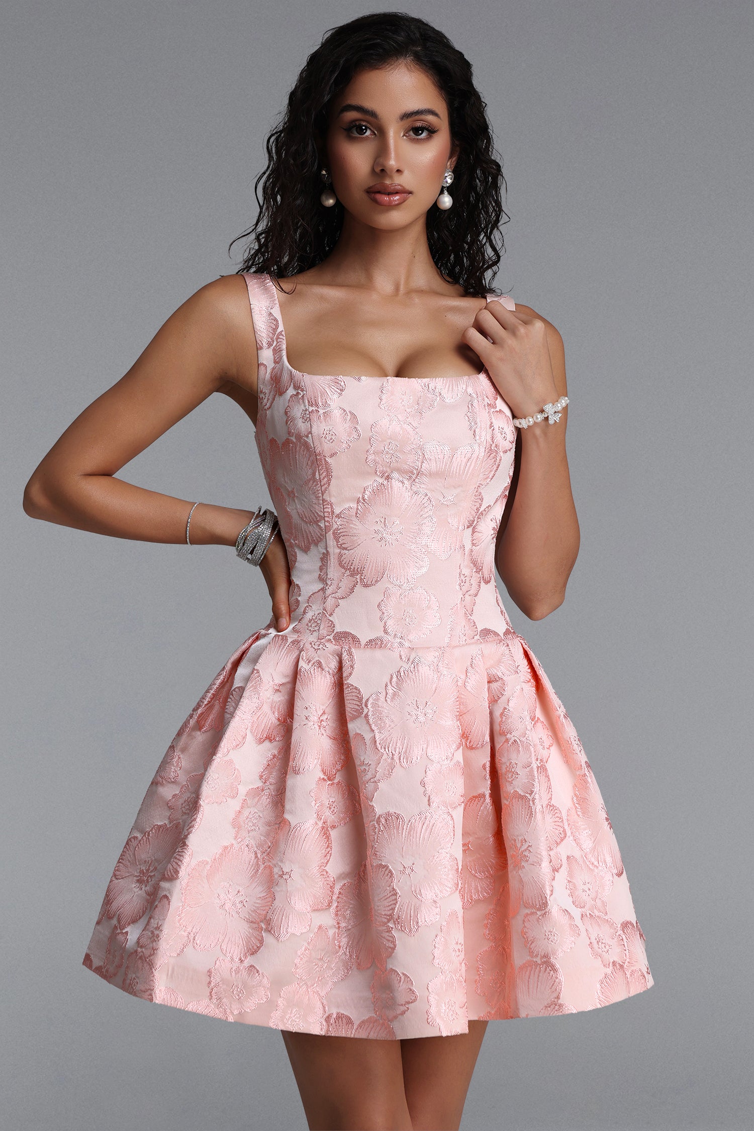 Deborah Classic Tailored Square Neck Floral Jacquard Woven Mini Dress	