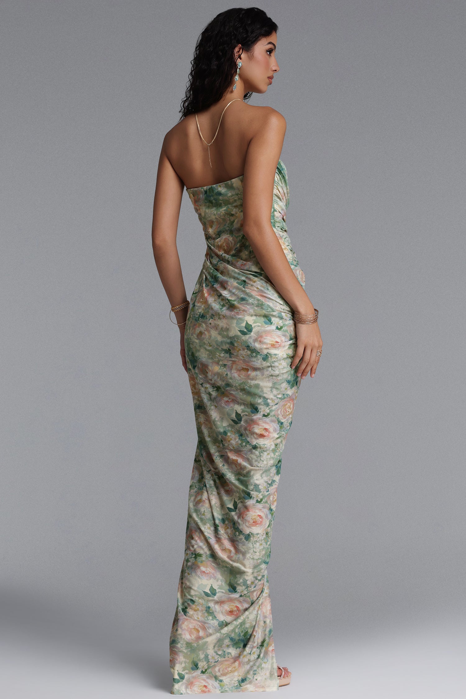 Vinly Romantic Contour Strapless High Slit Ruched Floral Print Mesh Maxi Dress	