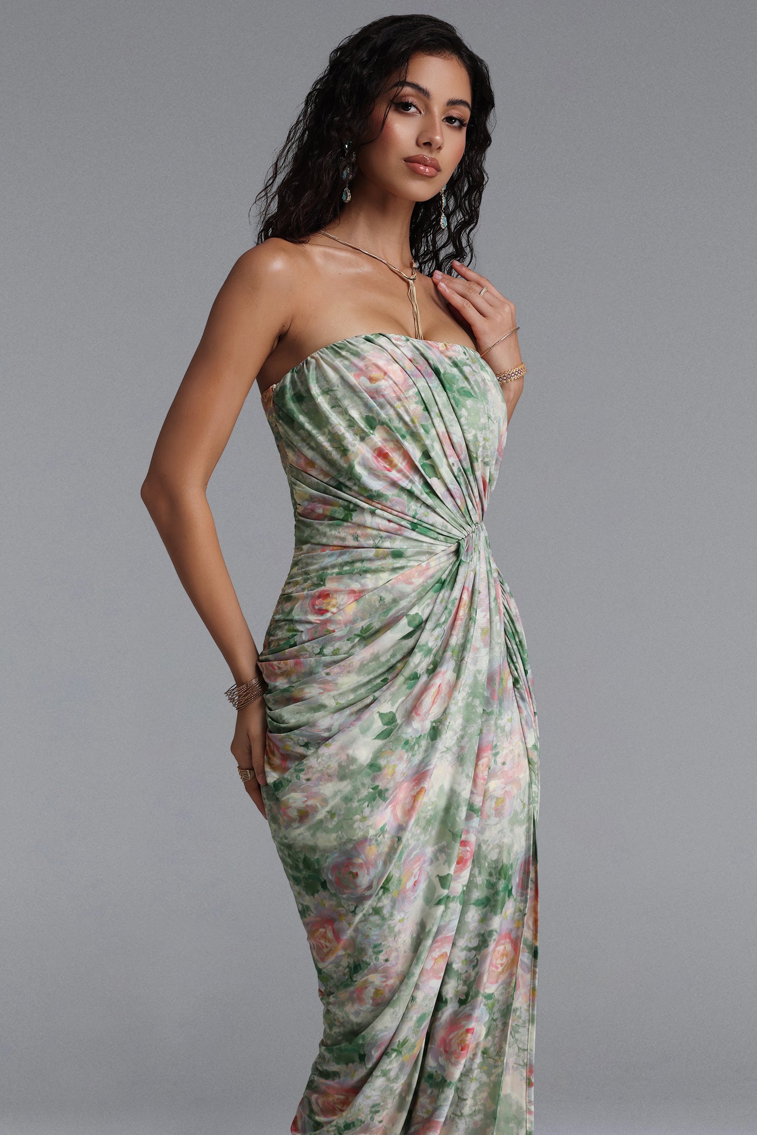 Vinly Romantic Contour Strapless High Slit Ruched Floral Print Mesh Maxi Dress	