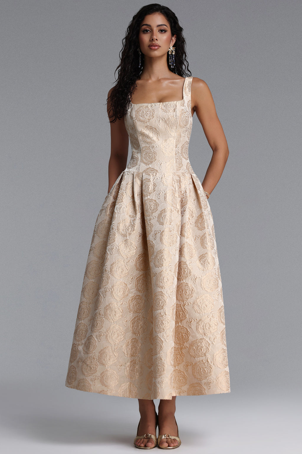 Rahel Classic Tailored Square Neck Floral Jacquard Woven Maxi Dress	