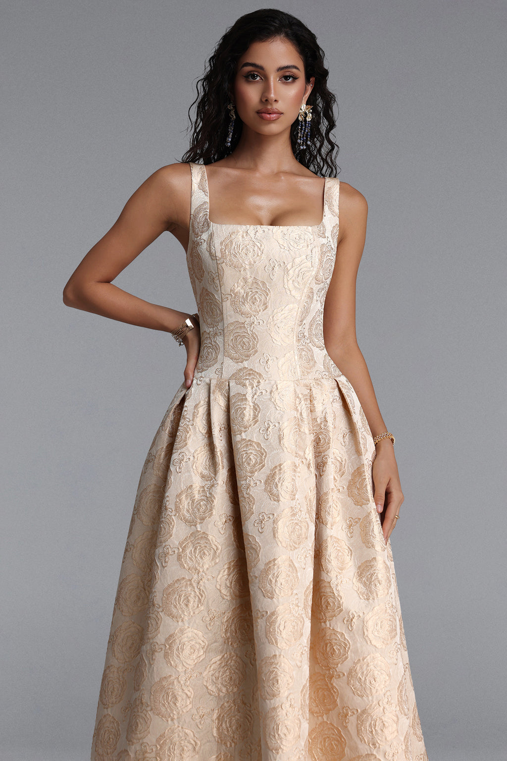 Rahel Classic Tailored Square Neck Floral Jacquard Woven Maxi Dress	