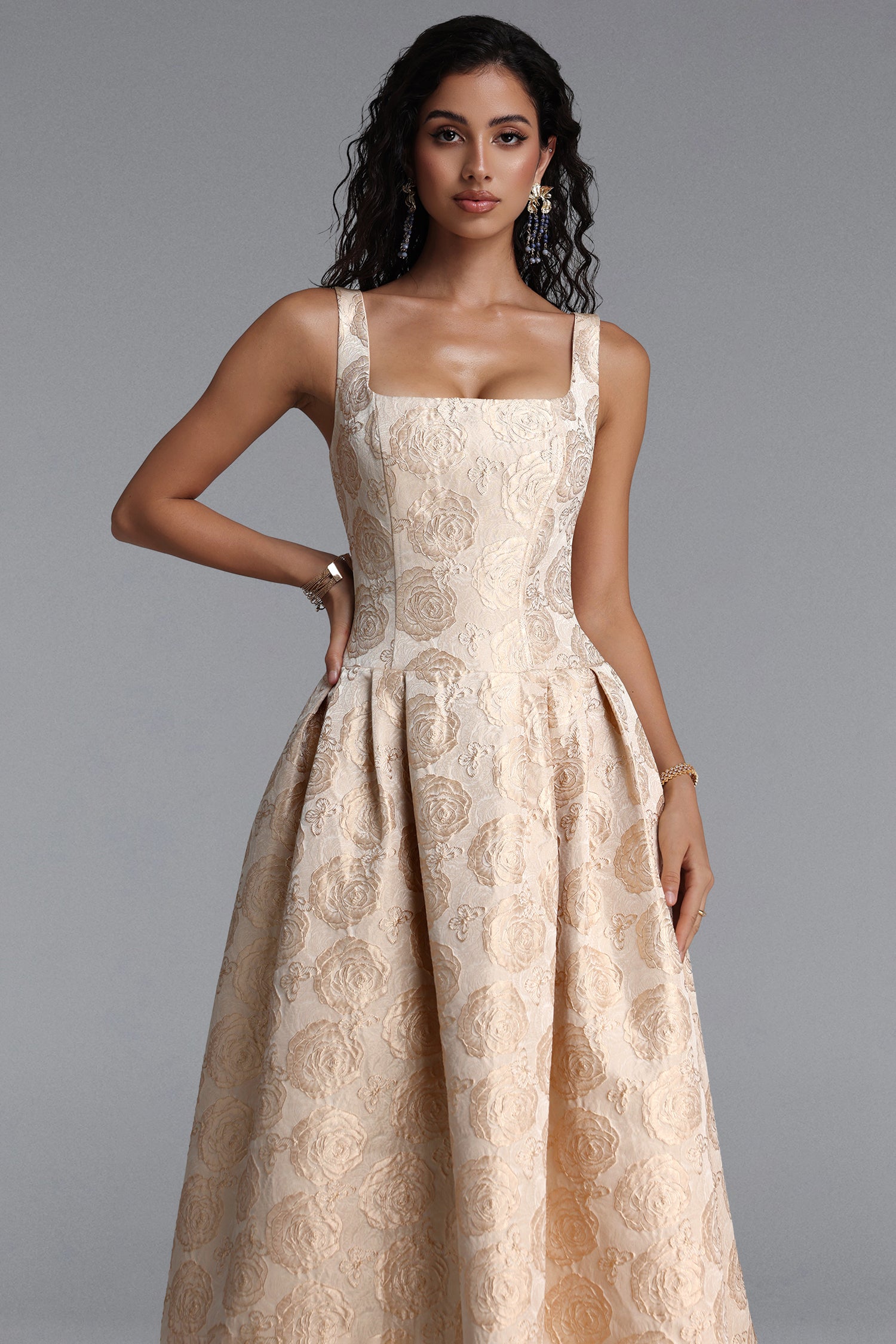 Rahel Classic Tailored Square Neck Floral Jacquard Woven Maxi Dress	