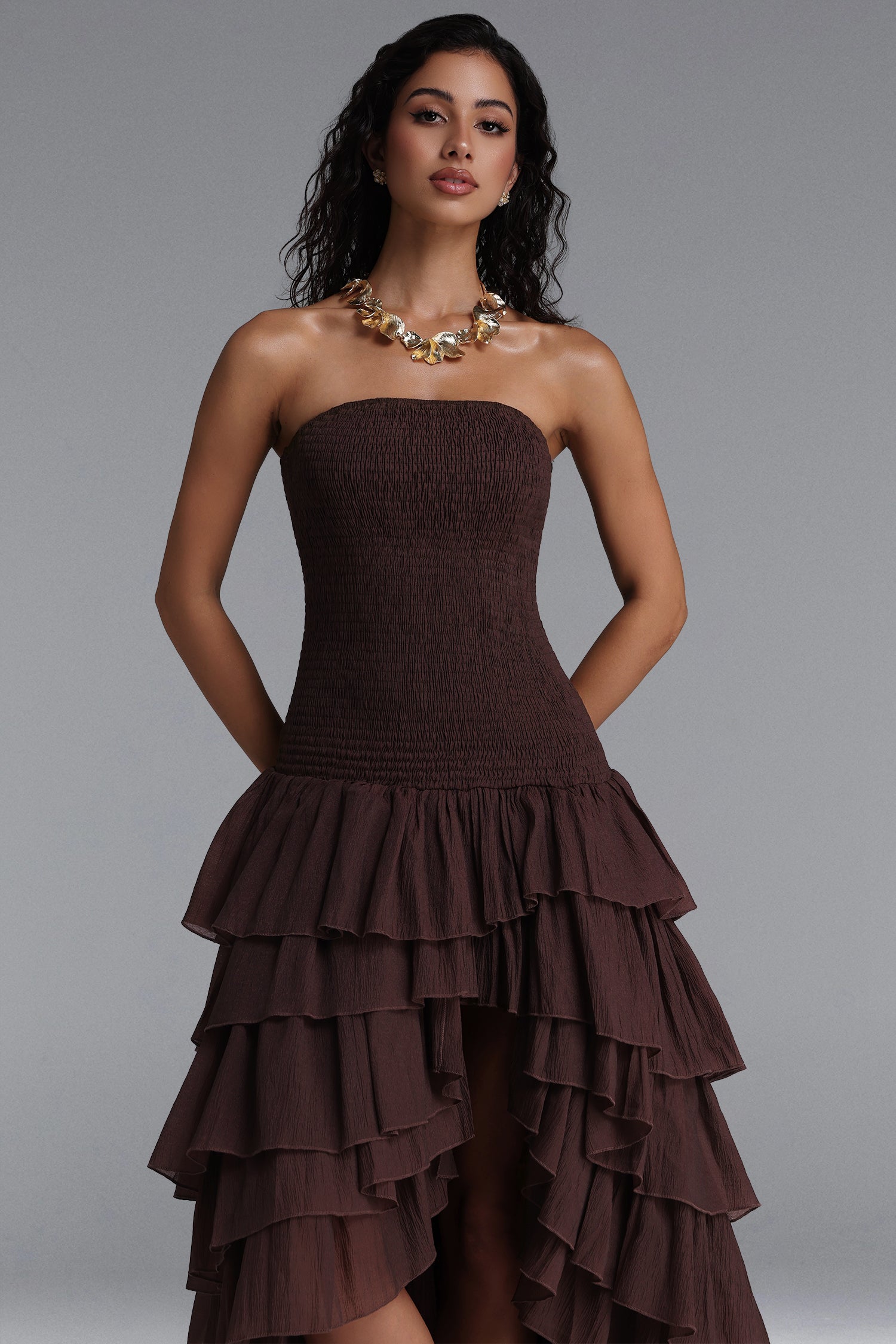 Orisy Vacation Strapless Shirred Tiered Ruffle Maxi Dress	