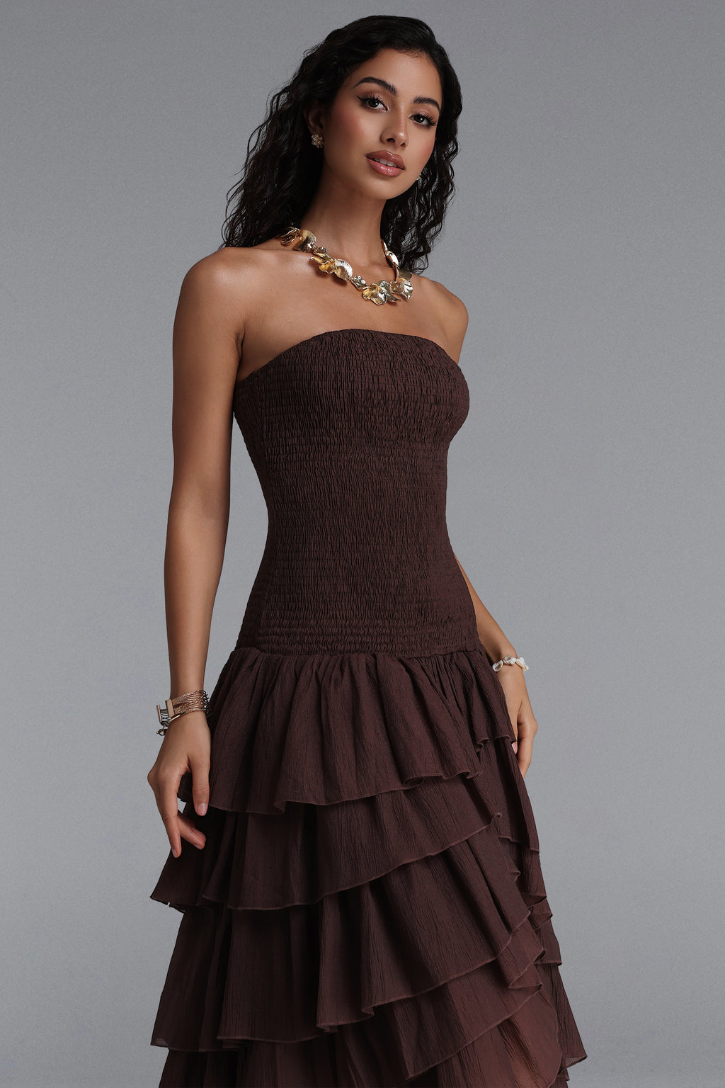 Orisy Vacation Strapless Shirred Tiered Ruffle Maxi Dress	