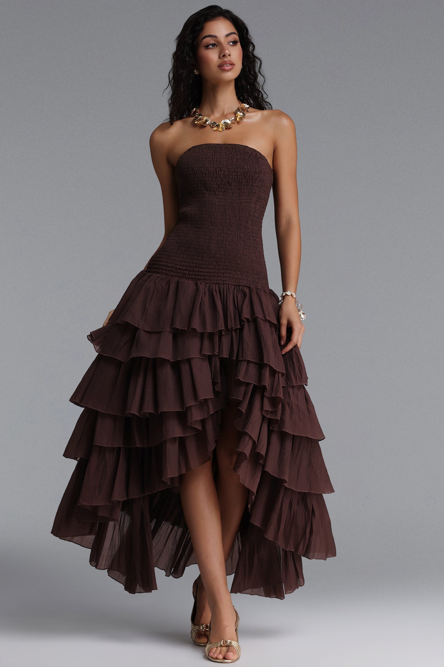 Orisy Vacation Strapless Shirred Tiered Ruffle Maxi Dress	