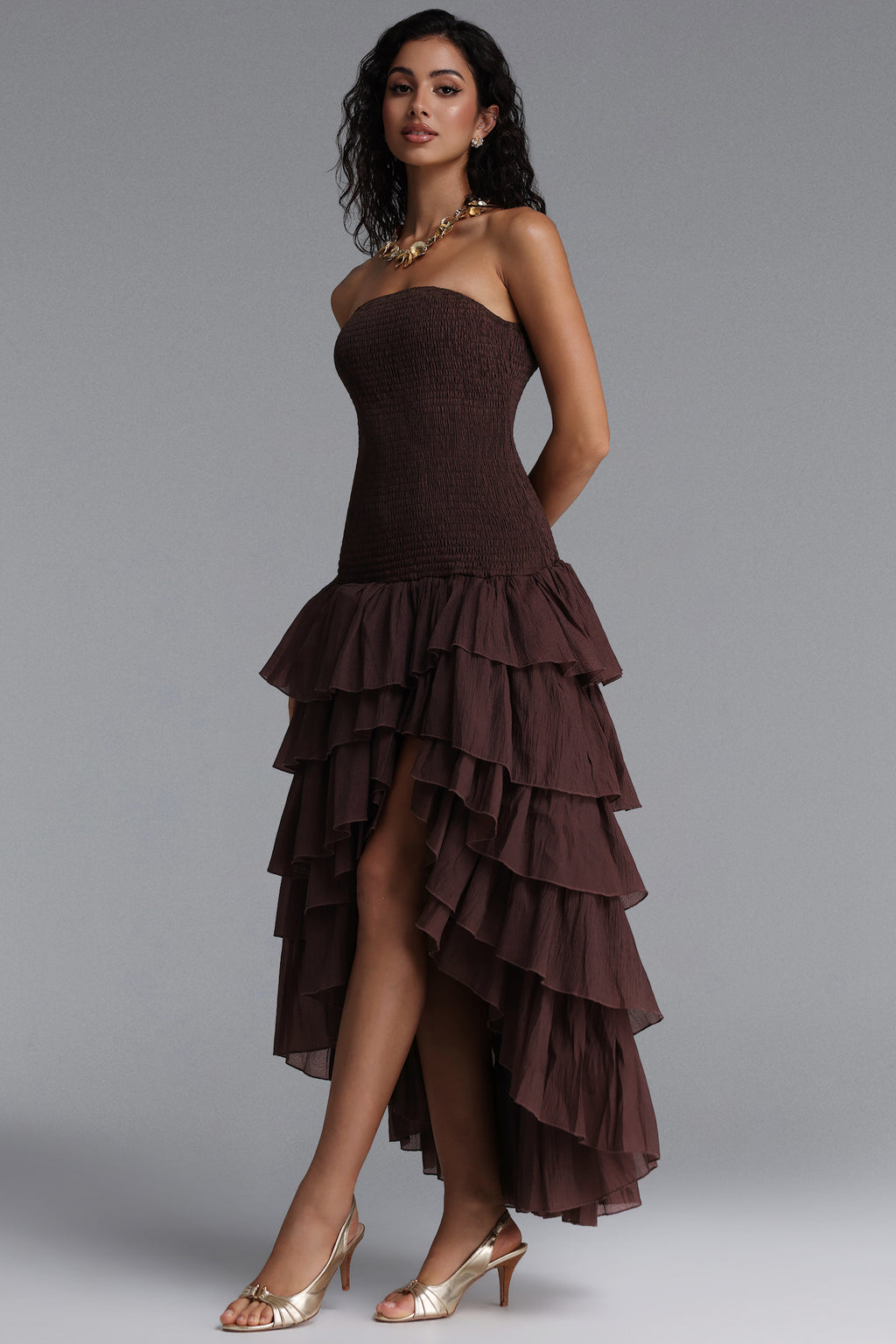 Orisy Vacation Strapless Shirred Tiered Ruffle Maxi Dress	