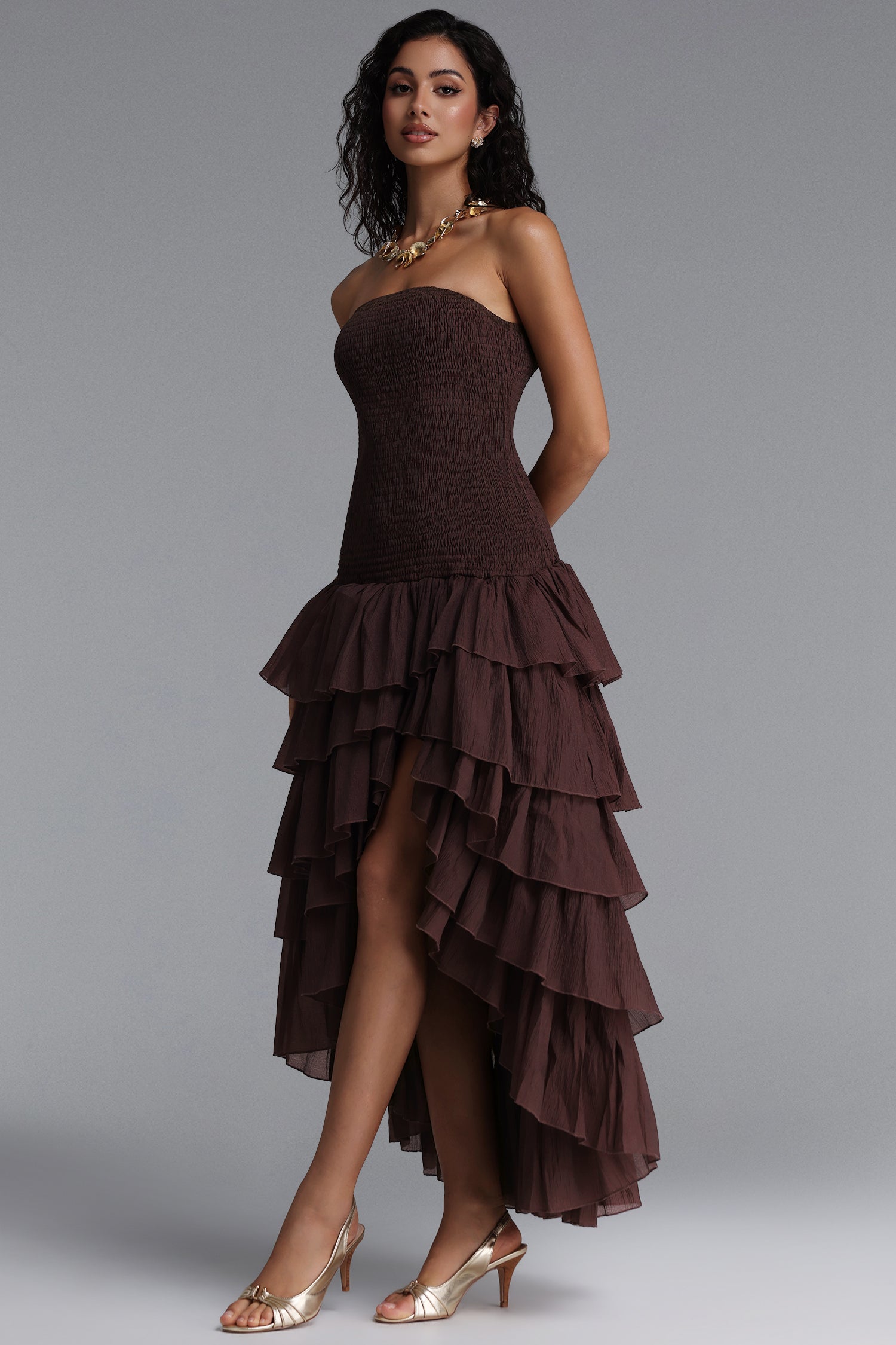 Orisy Vacation Strapless Shirred Tiered Ruffle Maxi Dress	
