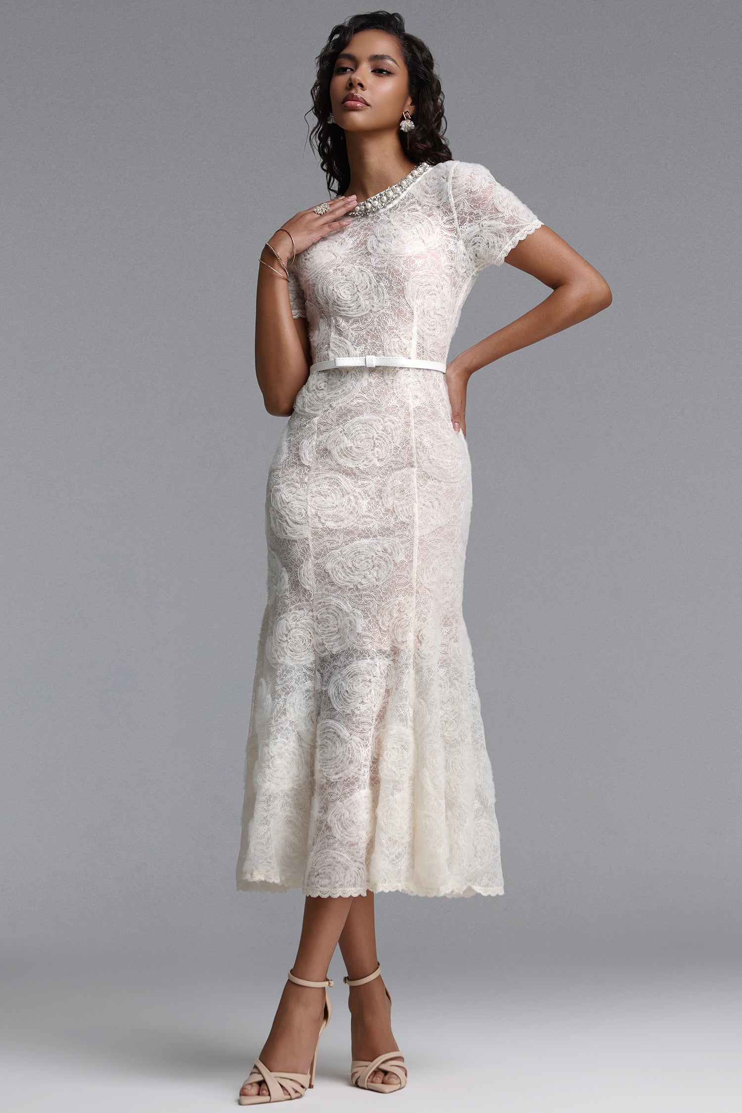 Shaylah Classic Tailored Short Sleeve Floral Pearl Rhinestone Woven Maxi Dress	