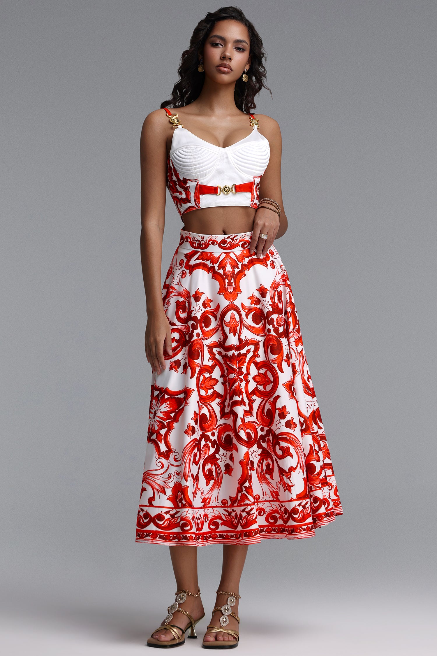 Kaona Halter Floral Printed Red Top And Skirt Two-Piece Set	